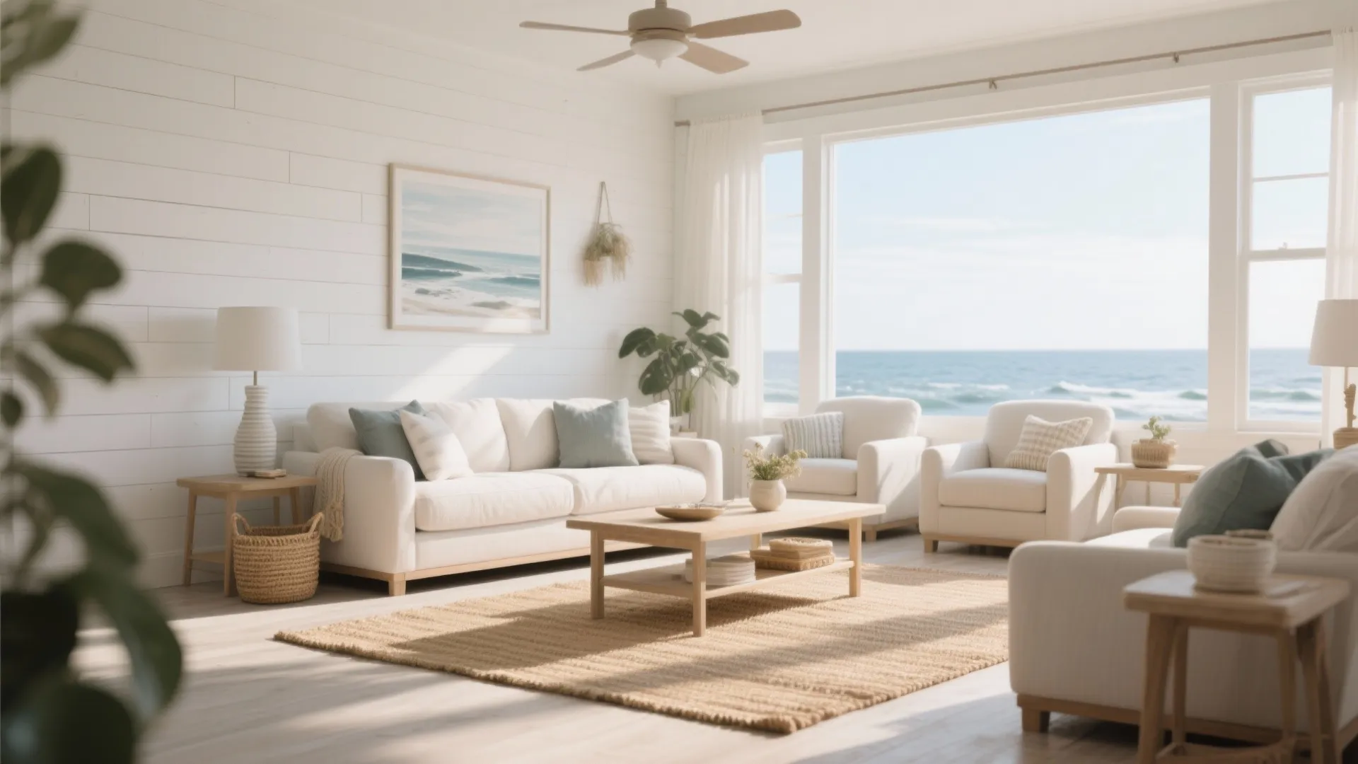 Bright beach house living room with white wall panel sofa wood table and ocean view windows