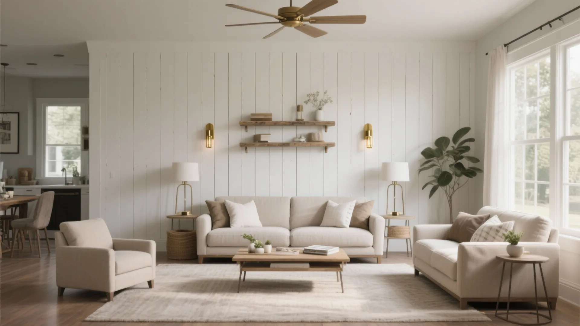 White wall panel behind a cream sofa with wooden shelves and gold wall light fixtures