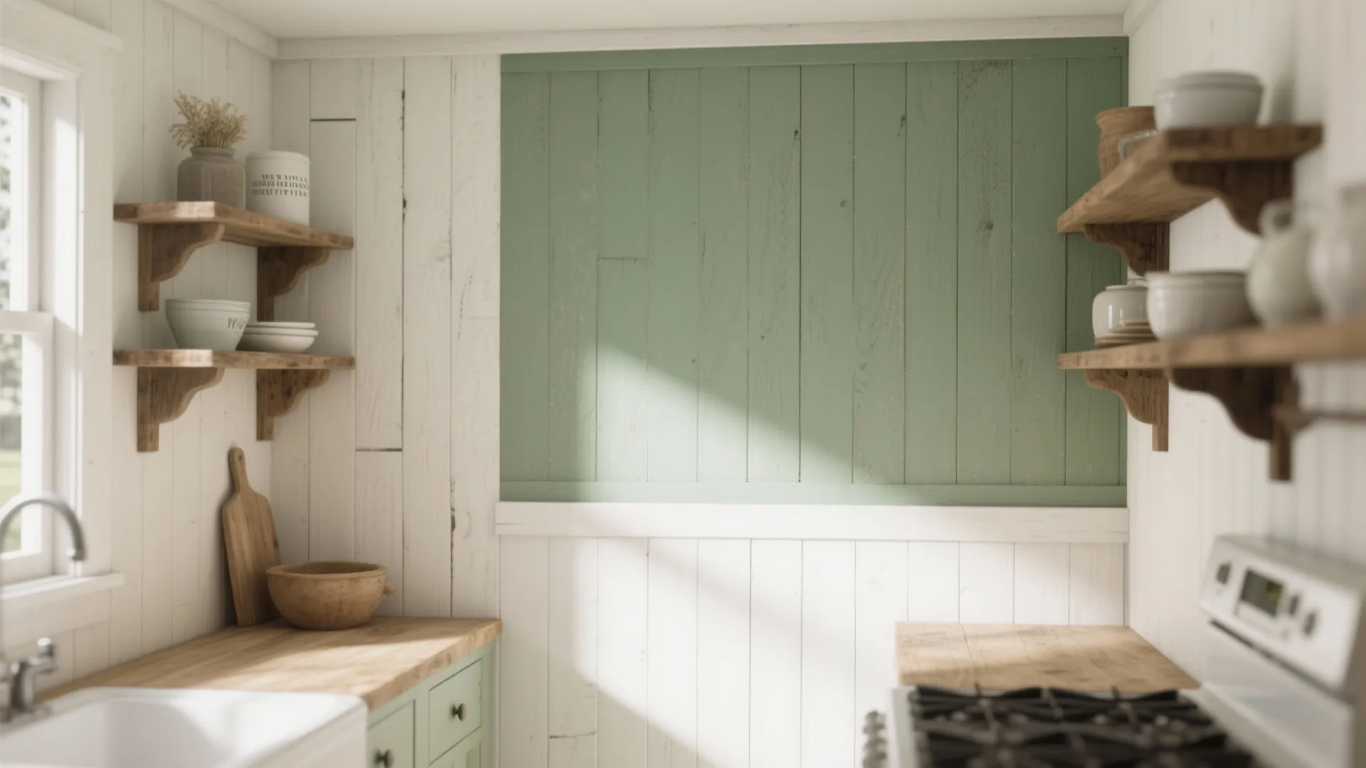 White shiplap wall with sage green accent in farmhouse kitchen