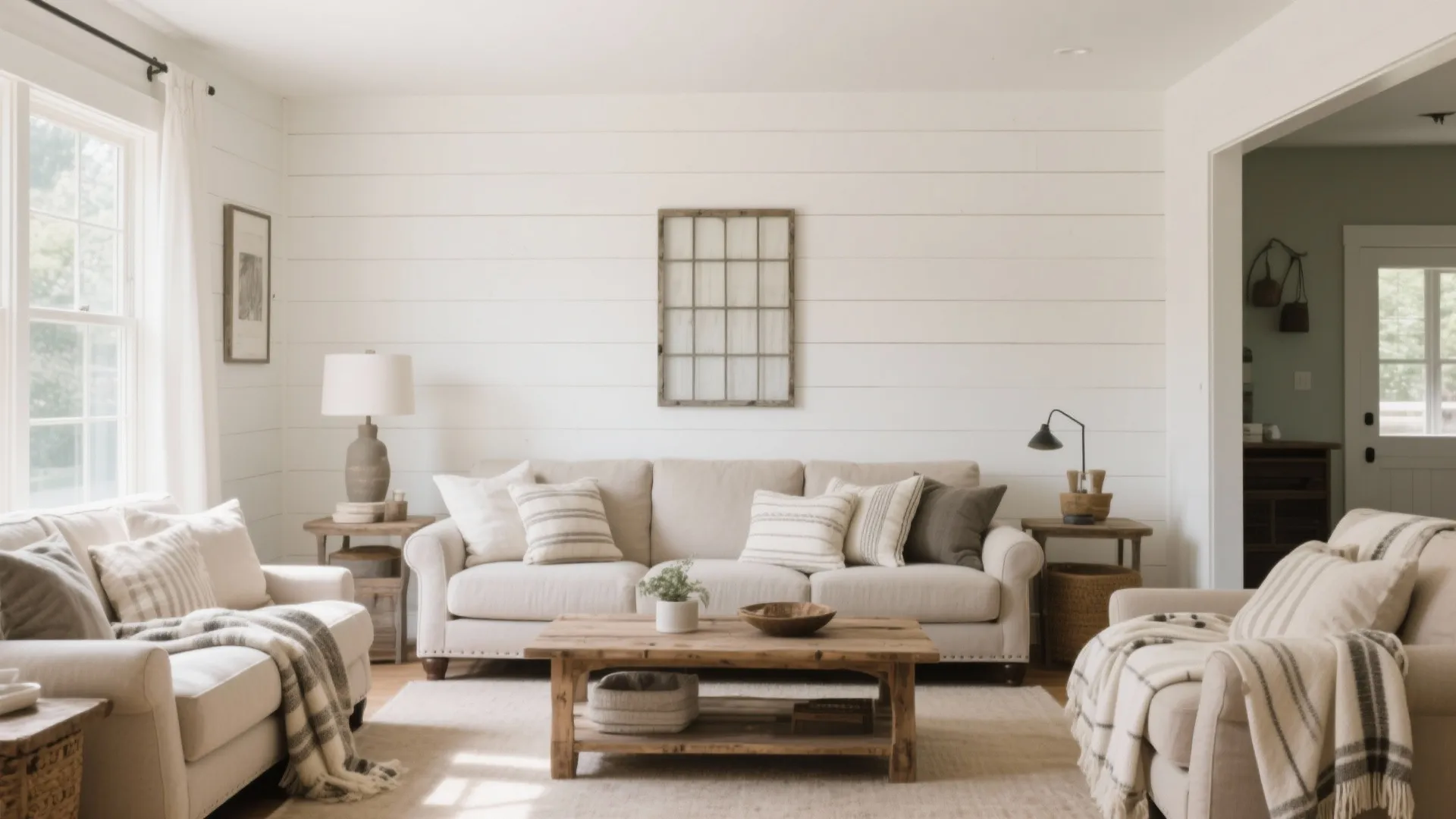 Bright farmhouse living room featuring white wall panel background with beige sofas and wooden table