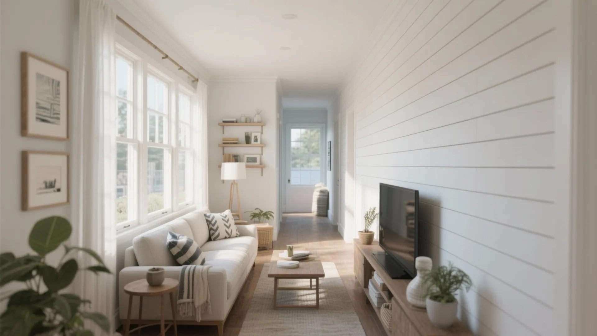 Narrow living room with white horizontal shiplap wall