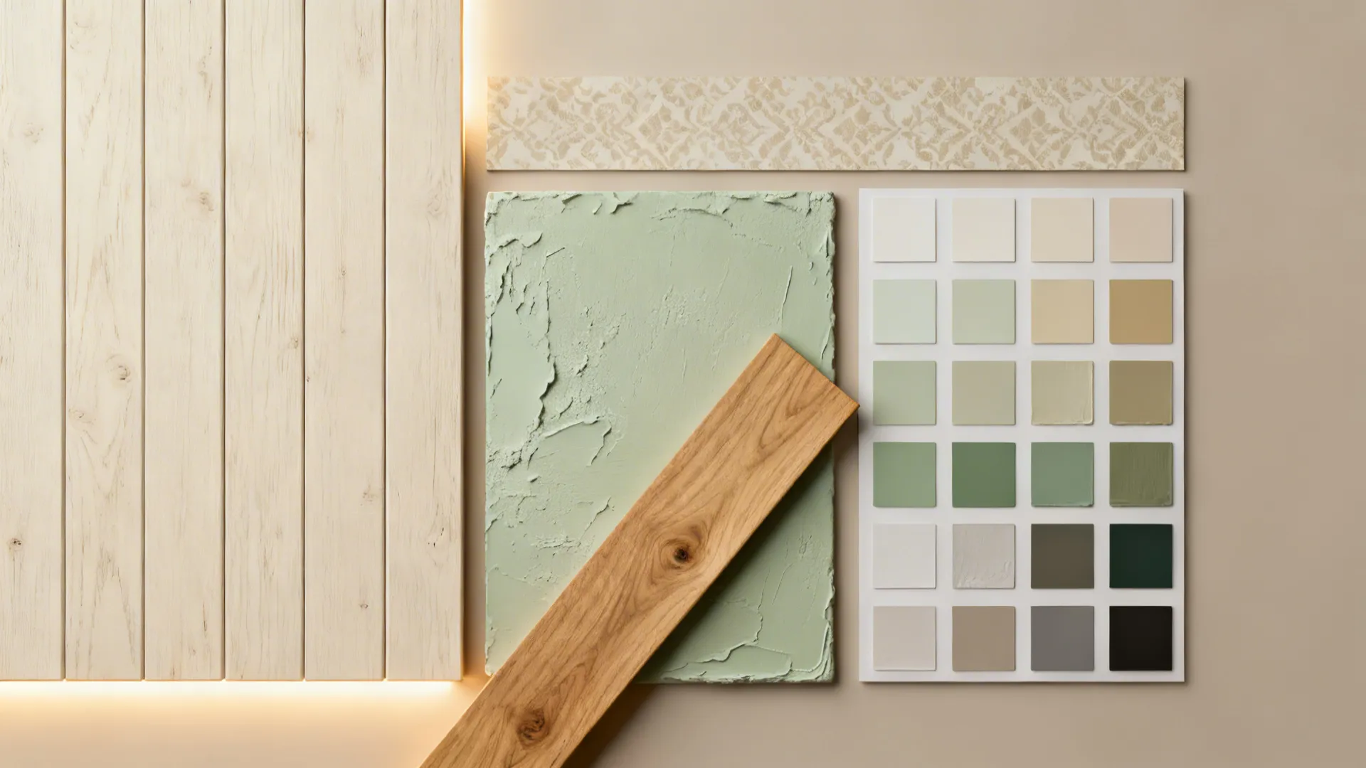Material flatlay of shiplap-look panels, textured wallpaper, and plaster swatches with warm paint chips