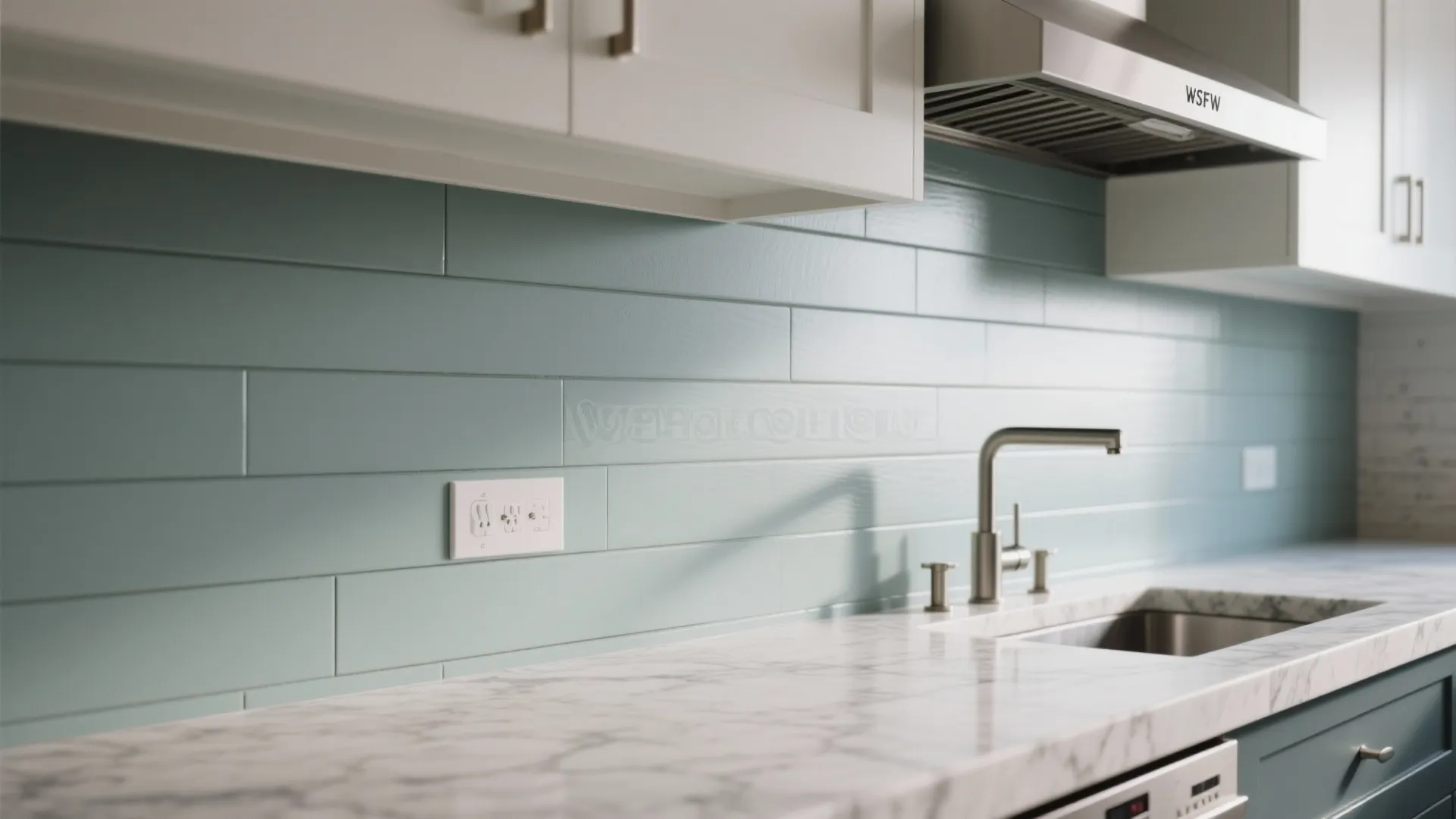 Modern kitchen with blue wall panel backsplash marble countertop white cabinets and stainless steel sink faucet