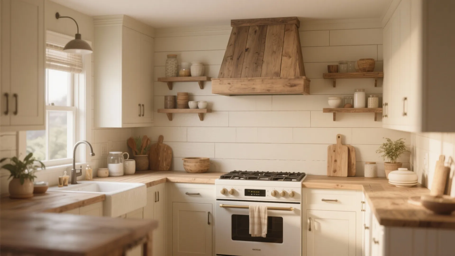 Farmhouse kitchen with white wall panels, wooden range hood, white cabinets, and light wood countertops