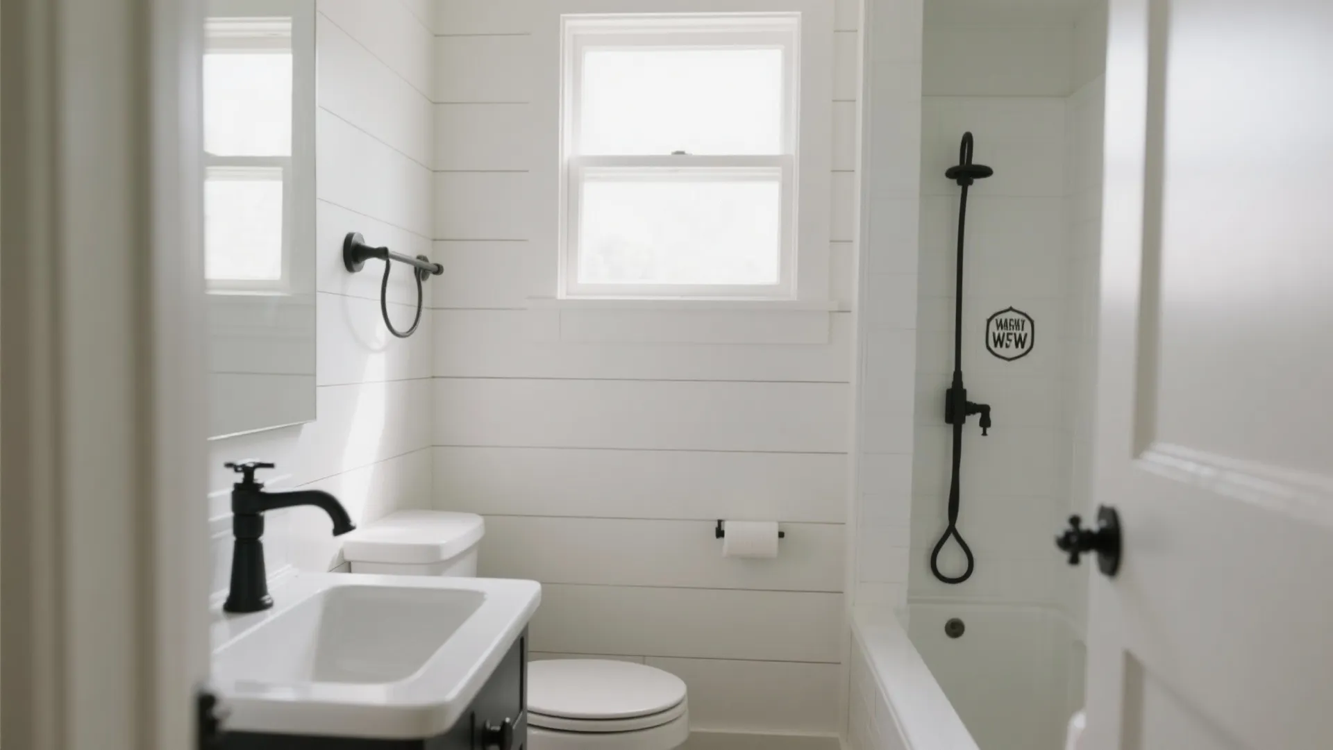 Bright white bathroom with horizontal wall panels featuring black faucet sink toilet and black shower