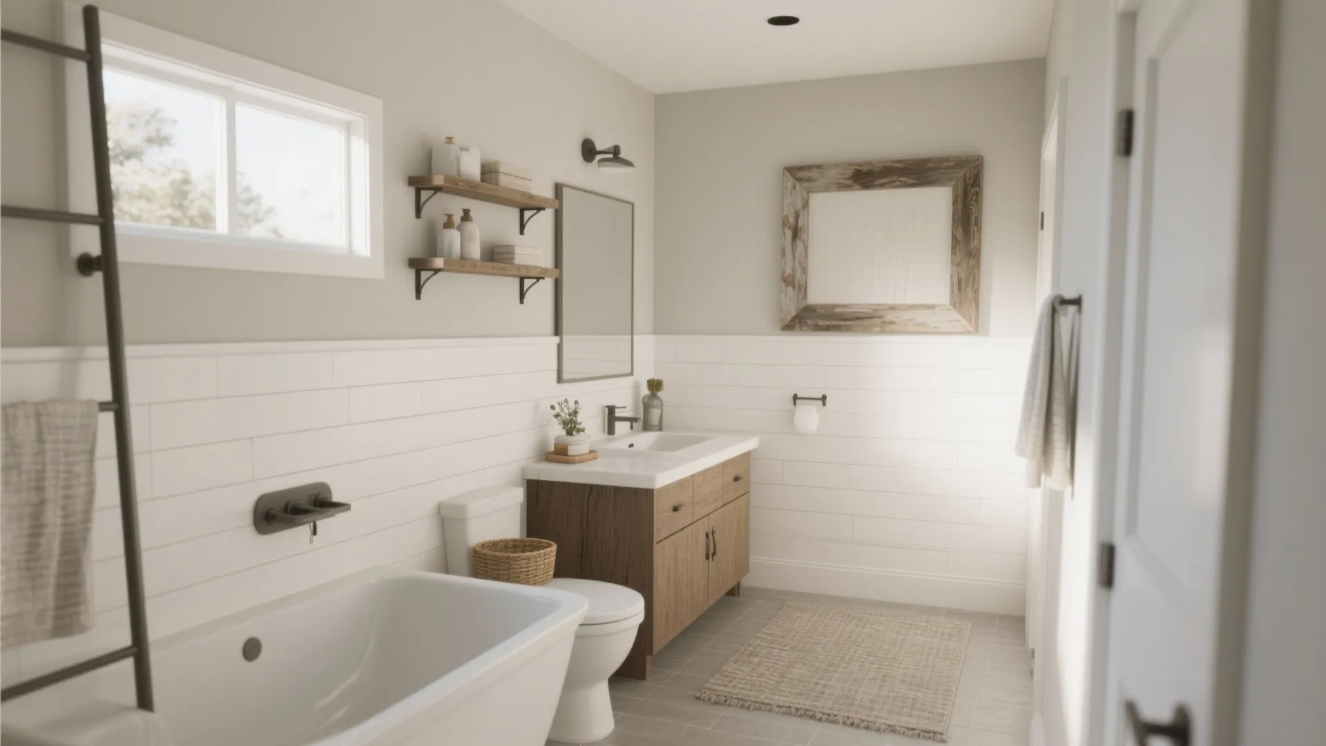 Bright farmhouse bathroom with white wall panels wooden cabinet white bathtub and a small window