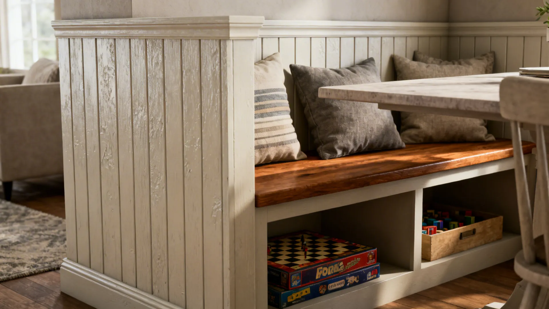 Half-height shiplap wall with a built-in bench and storage creating a cozy dining nook.
