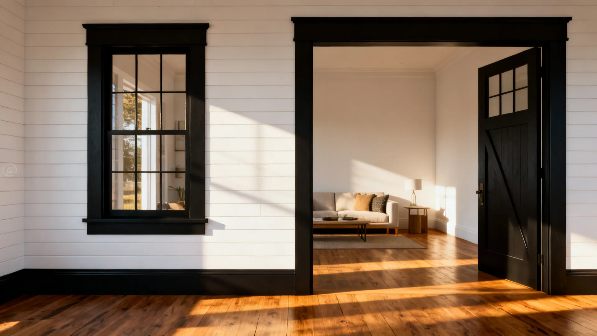 White painted shiplap wall with bold black window and door trim in a farmhouse living room