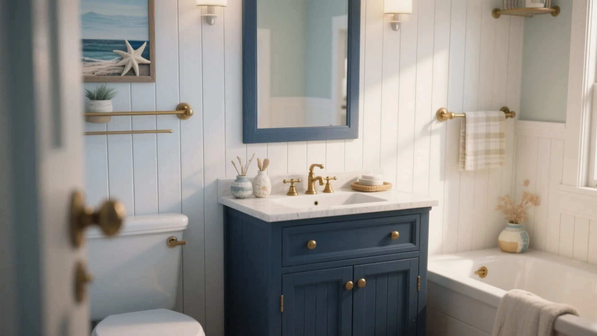 4. Shiplap Wall + Blue Vanity for Coastal Vibes