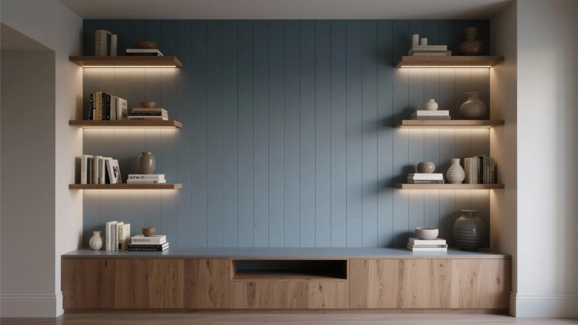 Painted shiplap media wall with shallow built-in shelves and curated decor, showing precise carpentry.