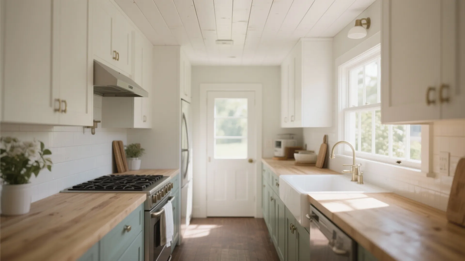 Bright kitchen featuring white wood wall panel ceiling green cabinets wooden countertops and large white sink
