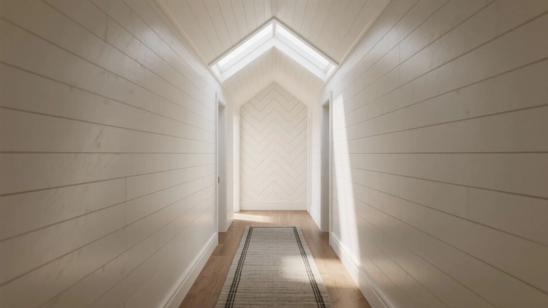 Narrow hallway with vertical shiplap boards and a chevron accent creating visual height and motion.