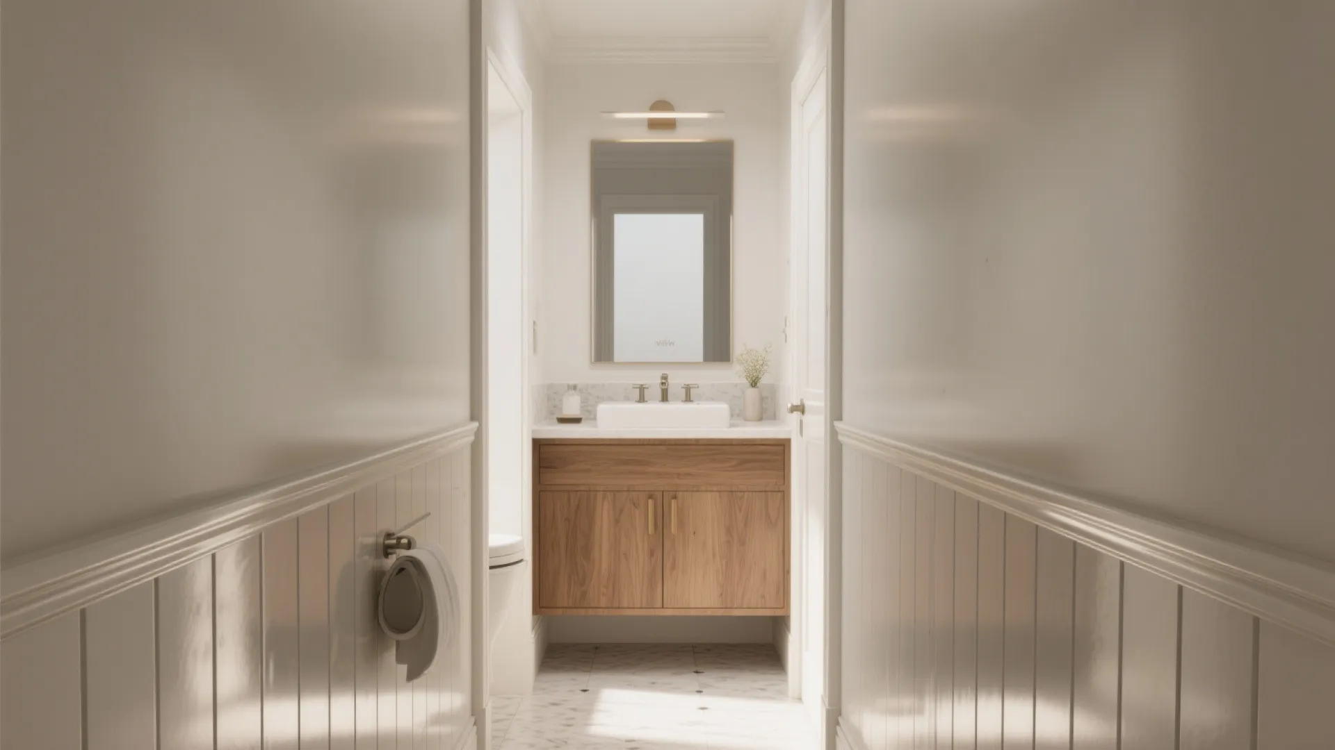 Small bathroom with wood cabinet white wall panel mirror sink wall light and marble floor