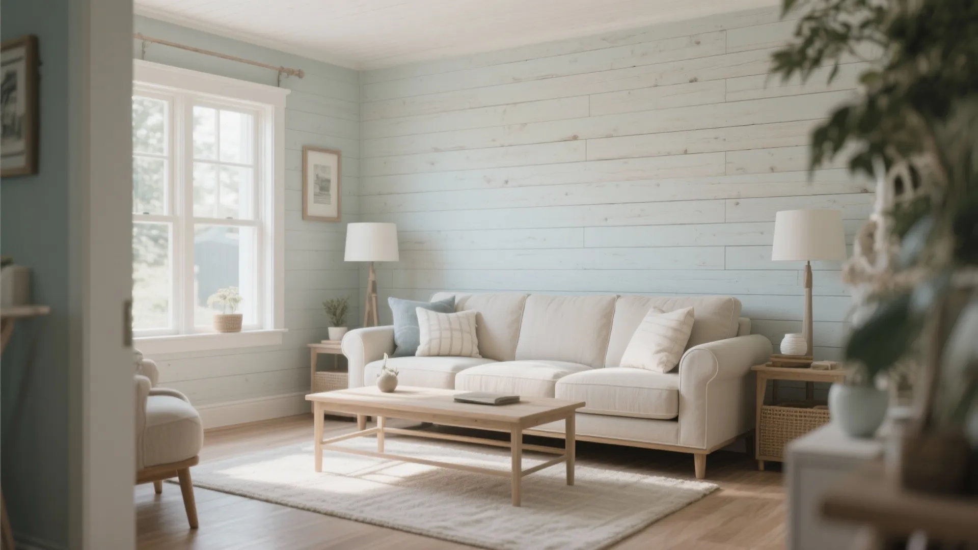 Cozy living room with light blue wall panel cream sofa wood coffee table large window
