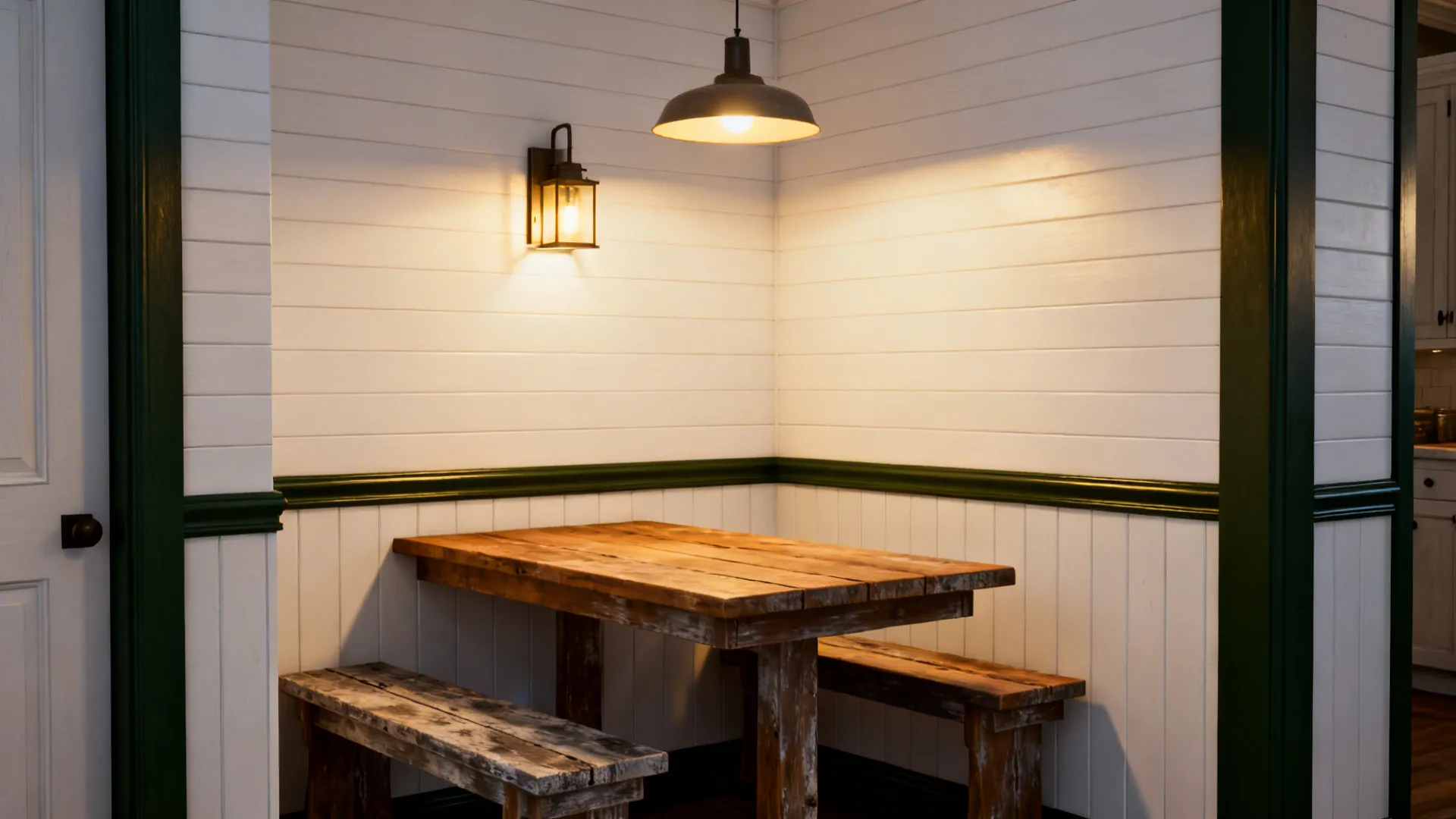 Small dining nook with warm white shiplap walls and dark-green trim, showing lighting and trim detail.