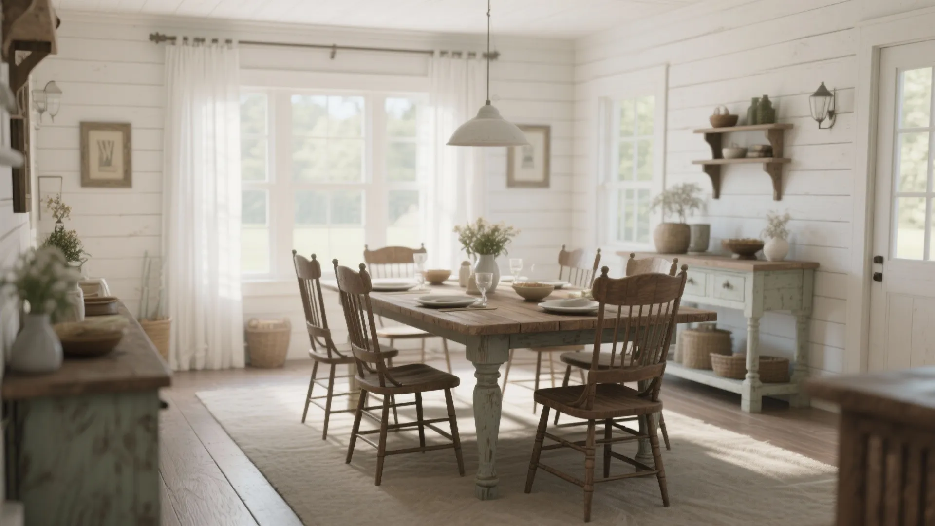 Bright dining room with white shiplap walls