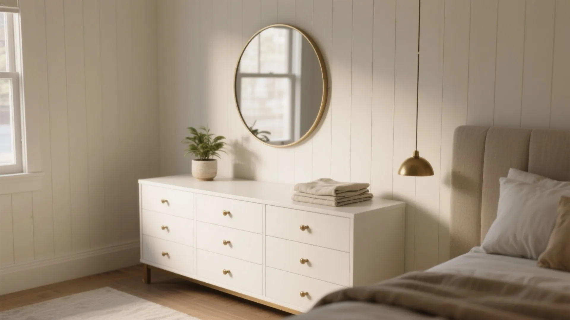 3. White Shiplap Dresser with Brushed Hardware