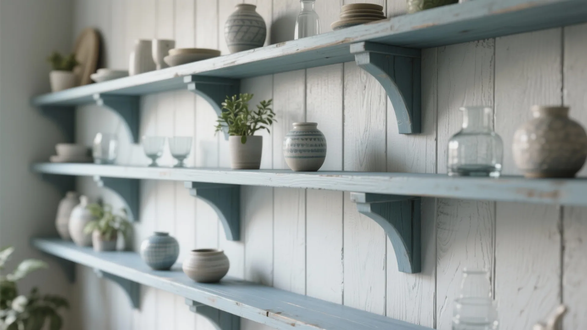 Light blue open wall shelves with small pots and glass jars on white wall panel