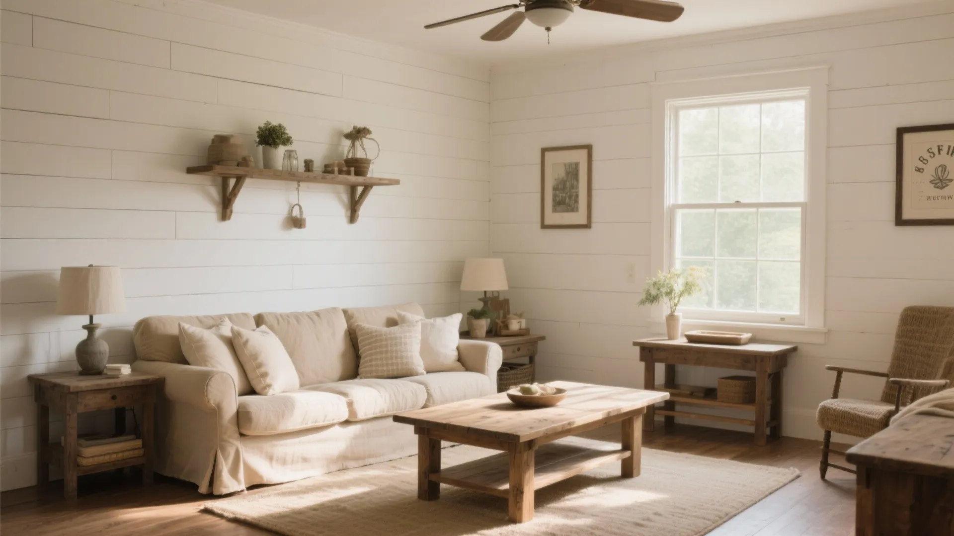 Cozy farmhouse living room with white wall panel cream sofa wooden coffee table and natural sunlight