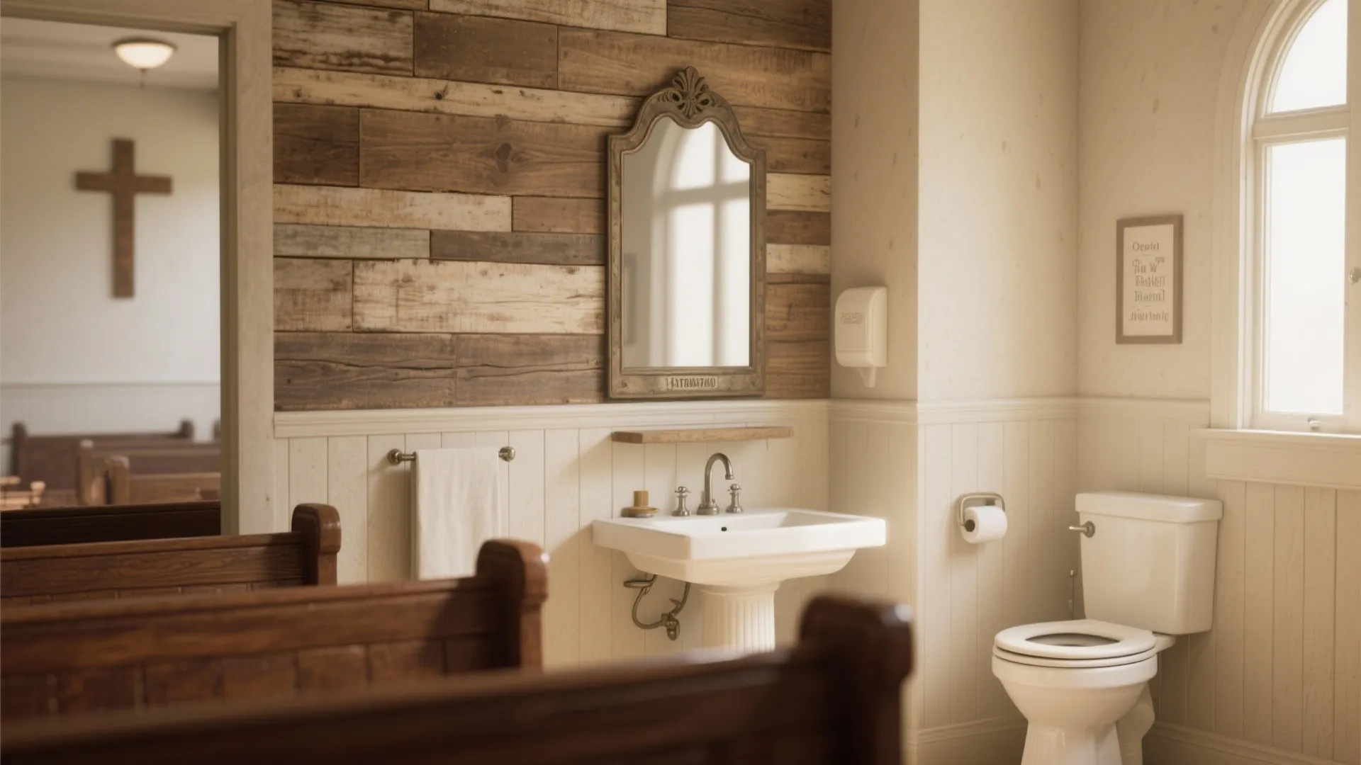 Bathroom with reclaimed wood shiplap wall behind vintage mirror