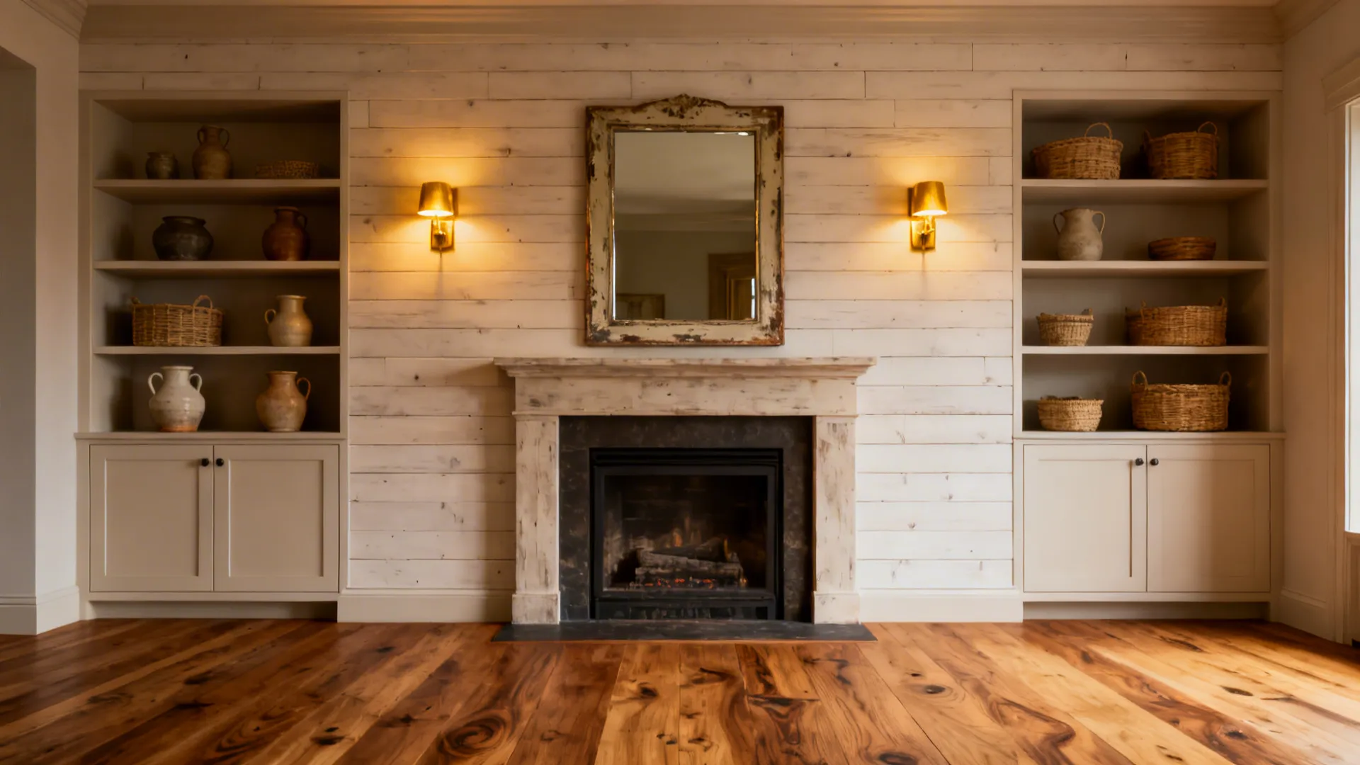 Shiplap fireplace wall with built-in storage and decorative baskets in a farmhouse living room.