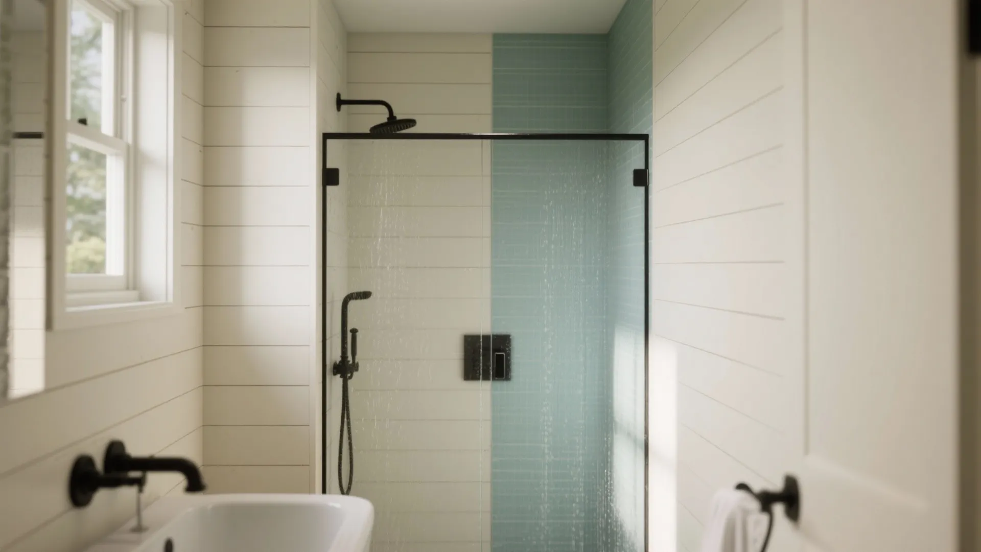 Bathroom with full-height water-resistant shiplap, matte black hardware, and sealed joints in a modern-cottage style.