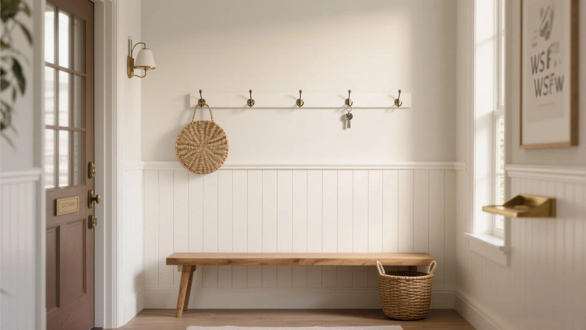 Entryway with half-height painted shiplap, hooks, a ledge for keys and a bench.