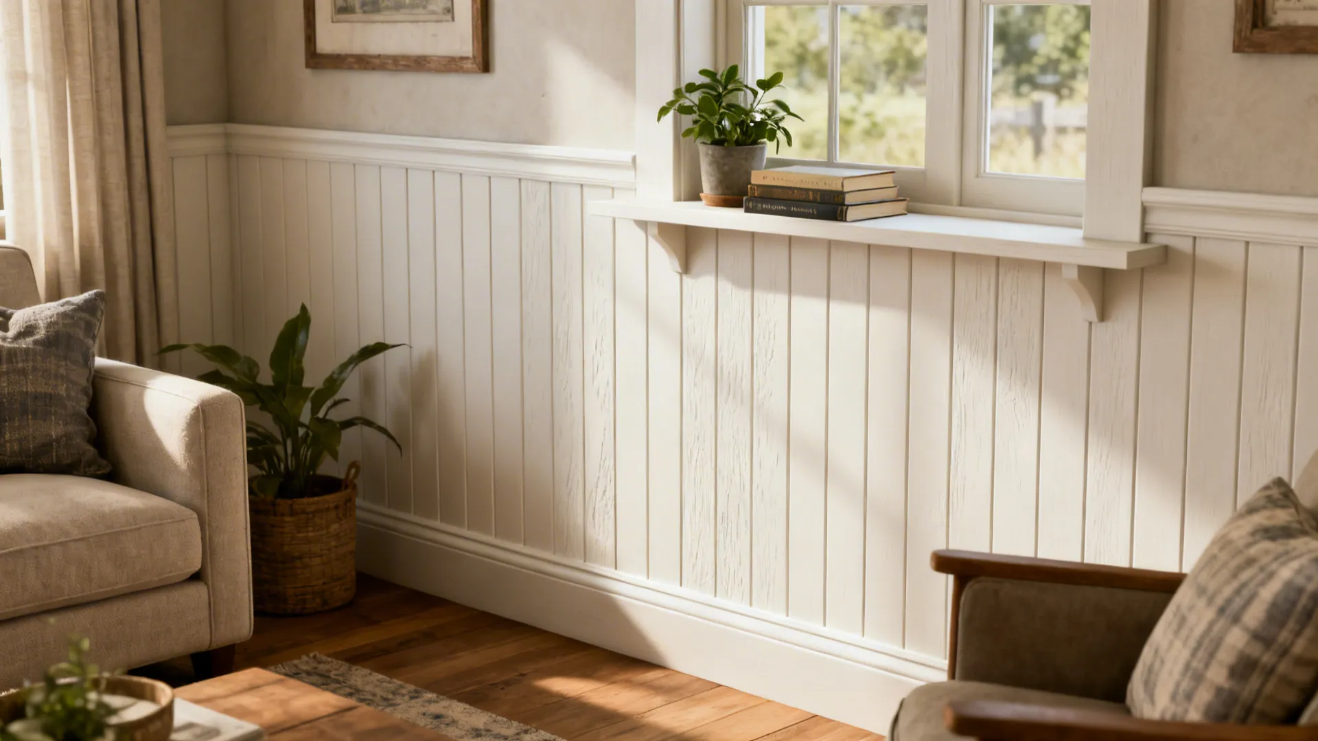 Shiplap half-wall with a narrow shelf ledge holding plants and books in a small living room.