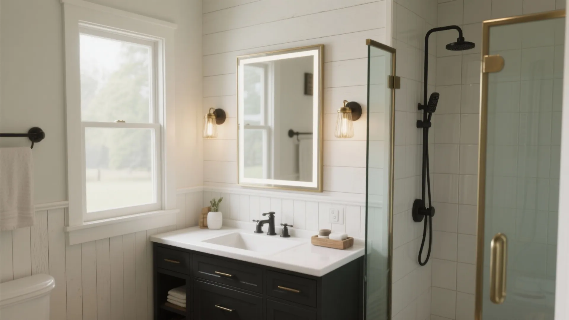 Bathroom with black vanity white sink lighted mirror wall lights window and white wall panel