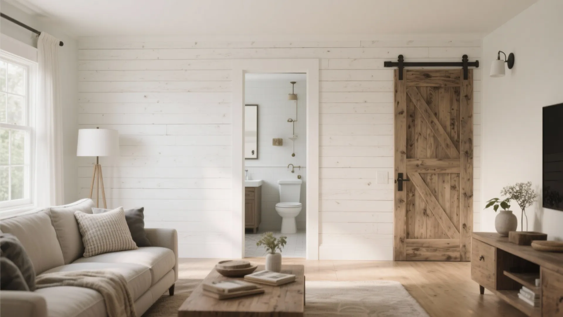 Cozy living room featuring white wall panels and a wooden sliding barn door for privacy
