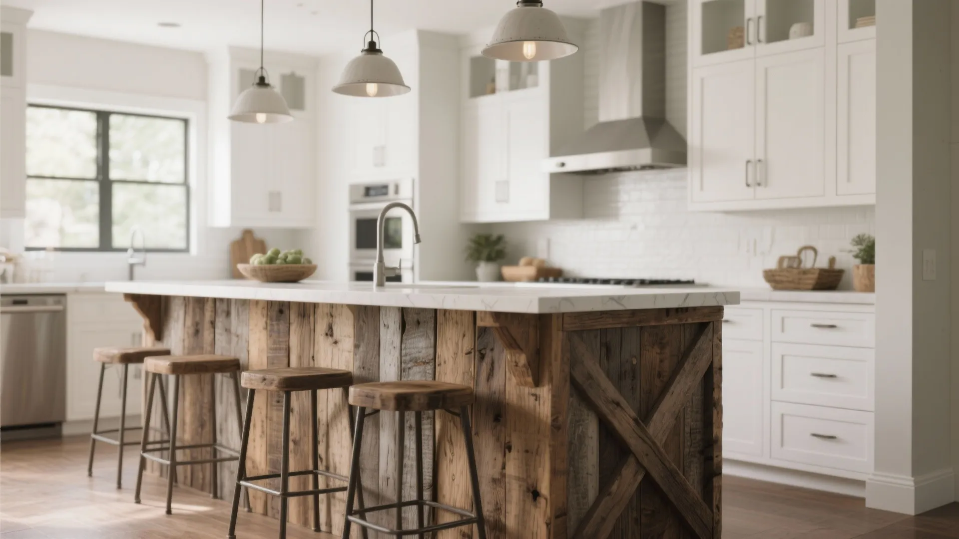 Modern farmhouse kitchen featuring reclaimed wood island with bar stools white cabinets and ceiling lights