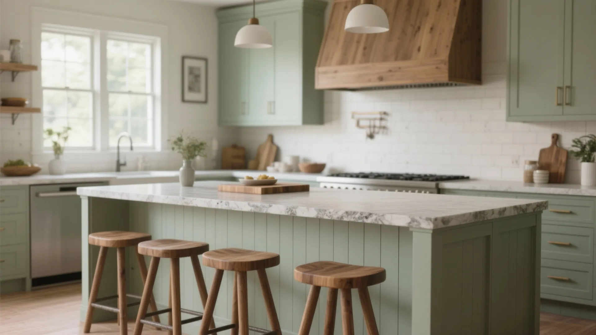 Green kitchen island with marble top wooden bar stools white wall tiles and ceiling lights