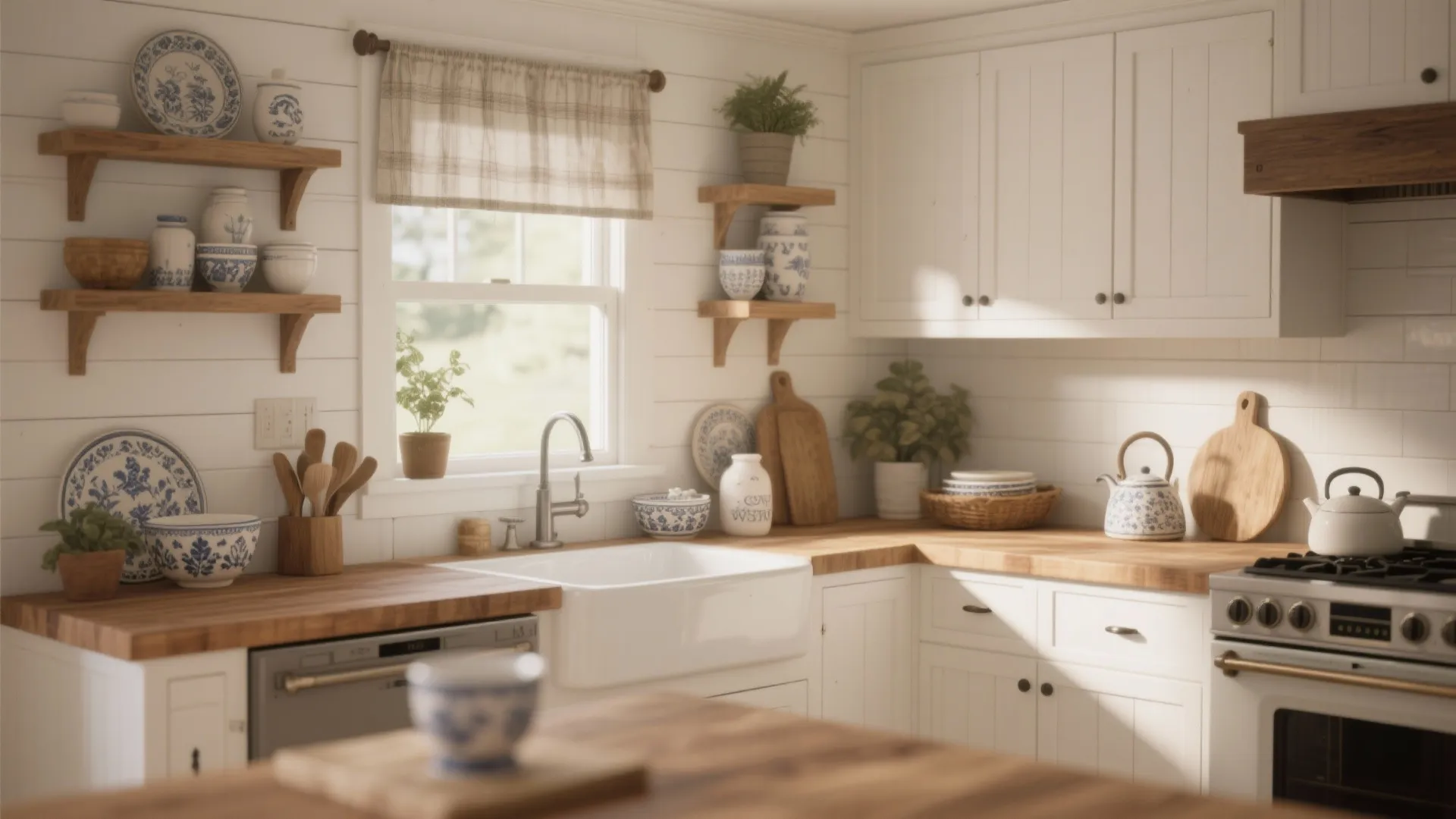 Farmhouse kitchen with white shiplap accent wall