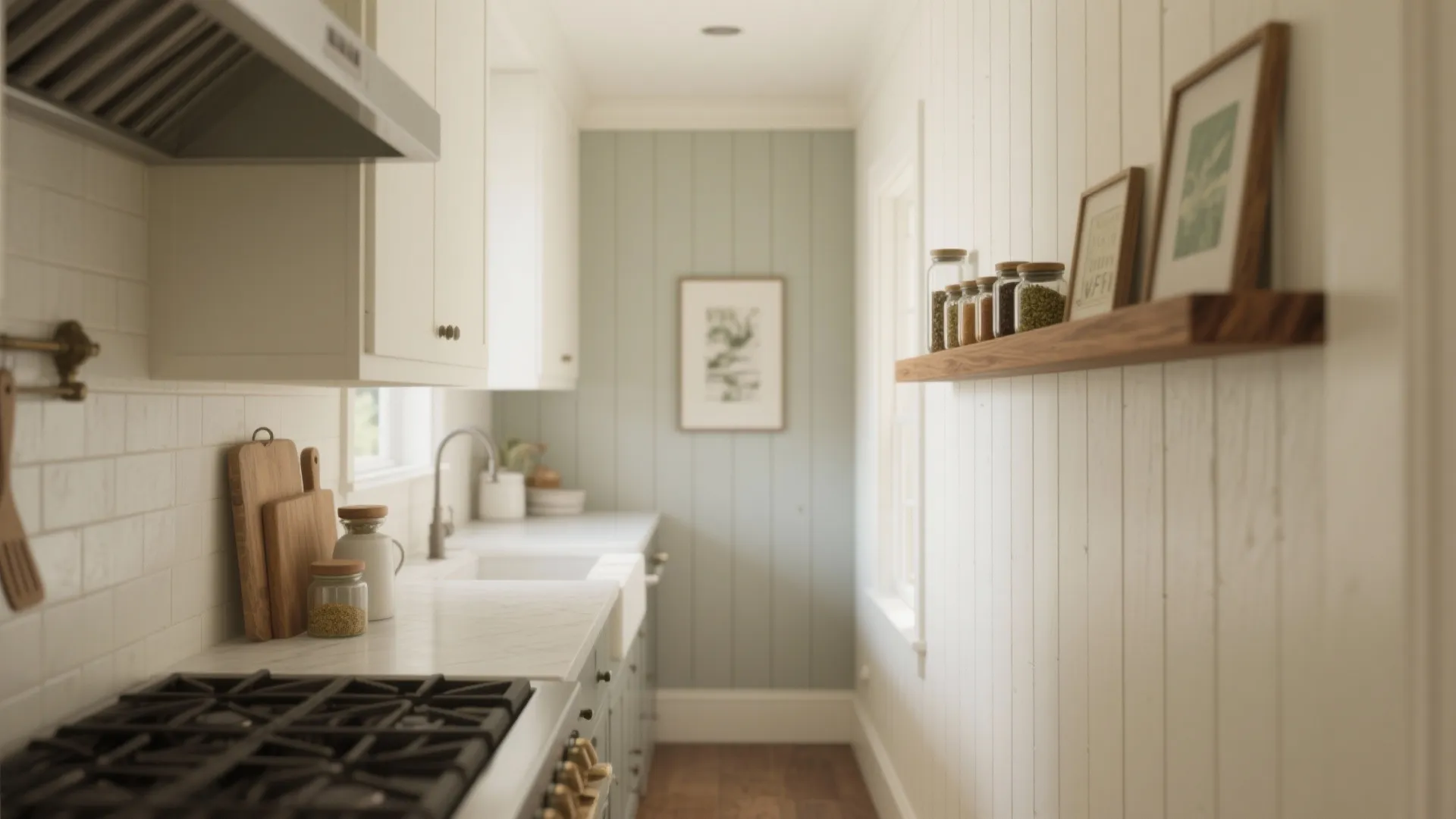 Long narrow kitchen with white wall panel design wood shelving and light green accent wall