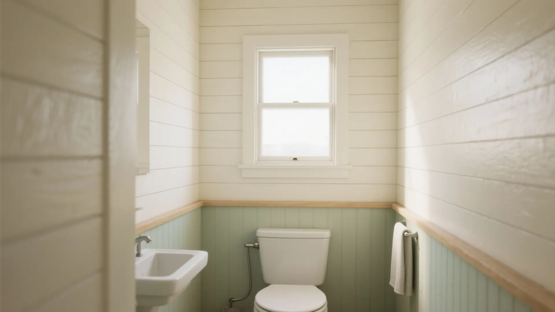 Small bathroom with white toilet sink and light green wall panels below a white window