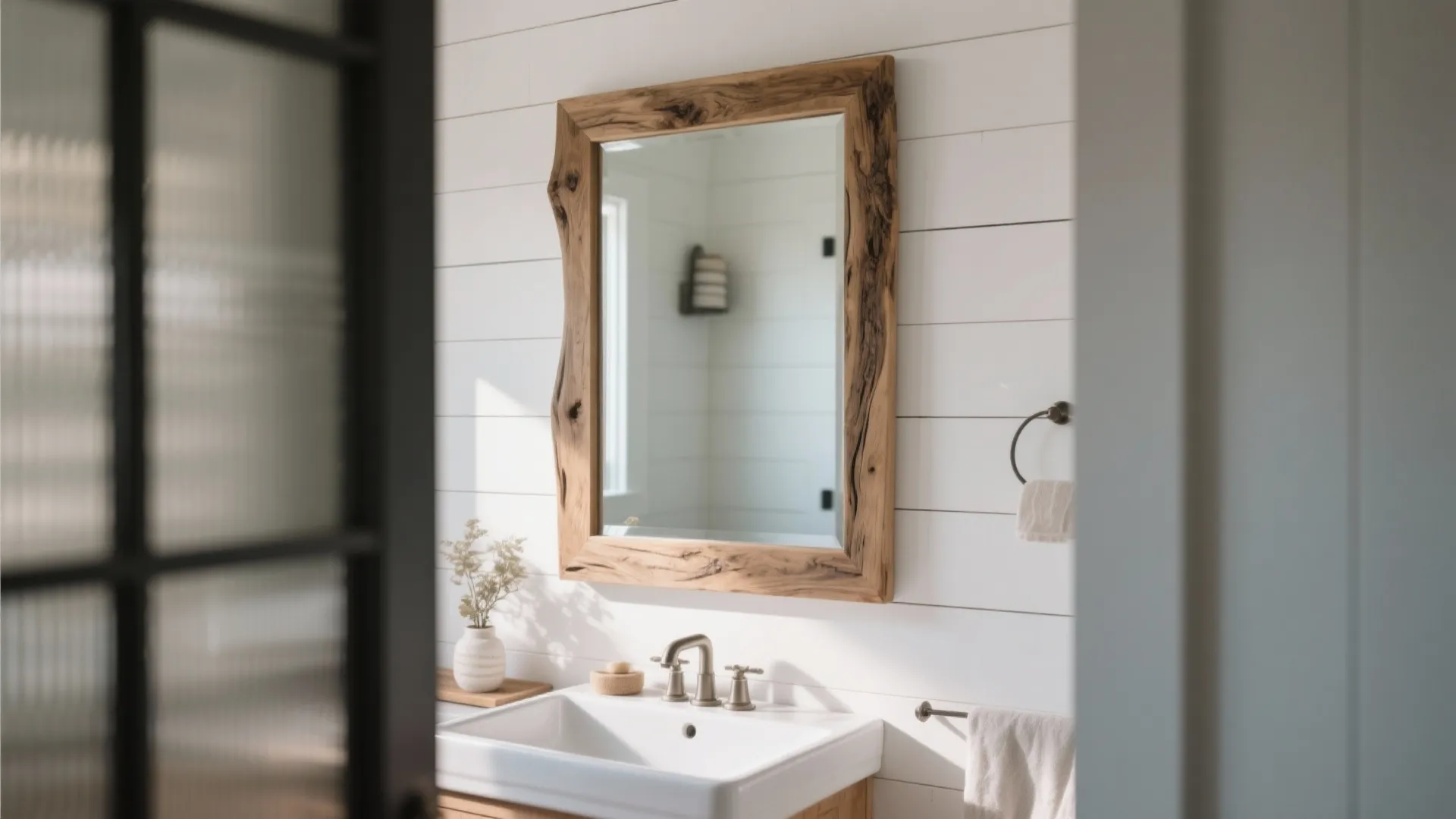 7. White Shiplap Walls with Live-Edge Mirror Frame