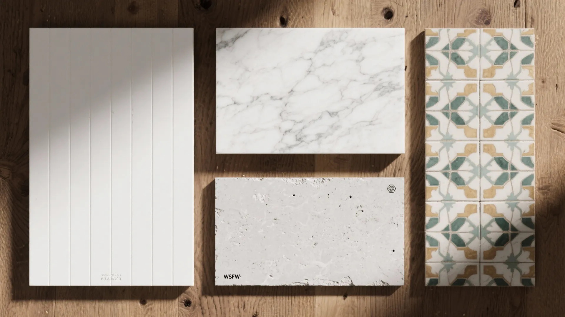 Interior design material samples showing white wall panel marble tile stone slab and green patterned tiles