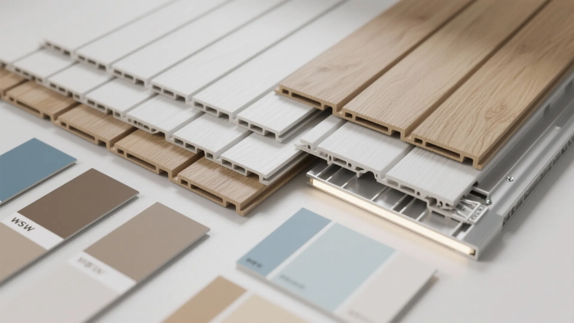Interior wall panel material samples in white and wood colors with various colorful paint swatches