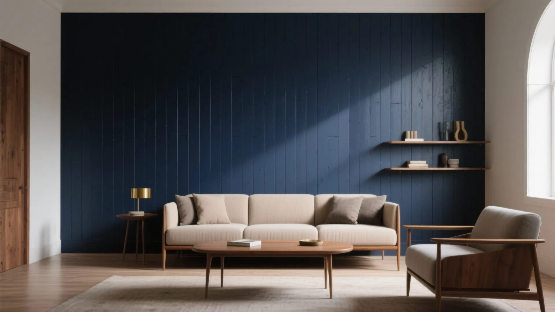 Living room with a deep navy painted shiplap accent wall anchoring a sofa and minimal furniture.