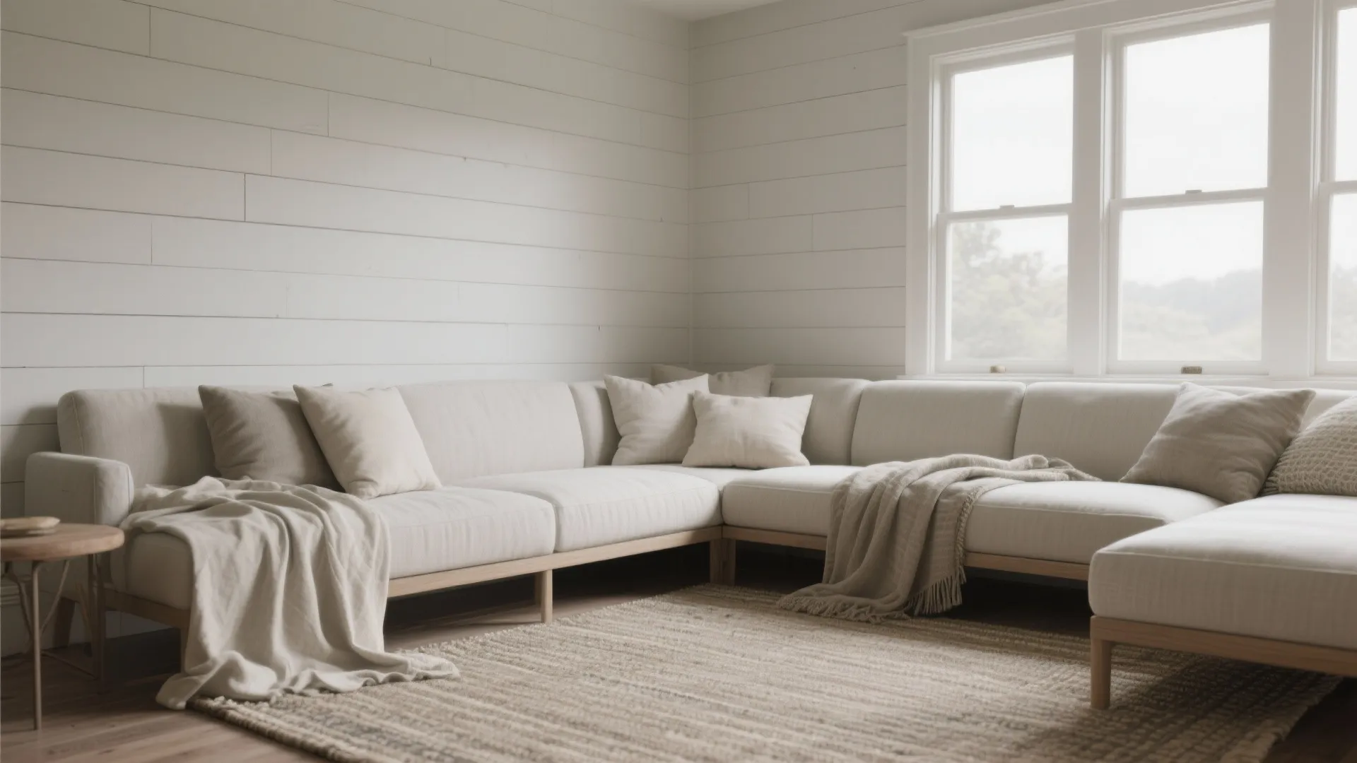 Cozy seating with warm neutral shiplap showing wood grain and layered textiles.