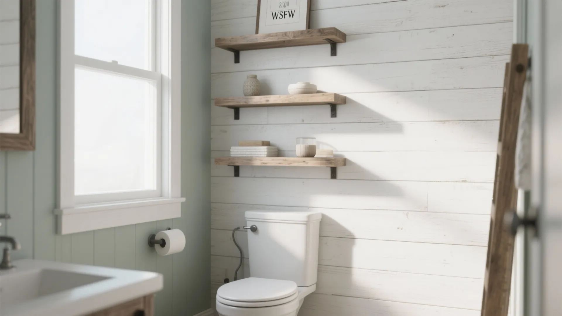 White bathroom with toilet wooden floating wall shelves white wall panel and natural window light