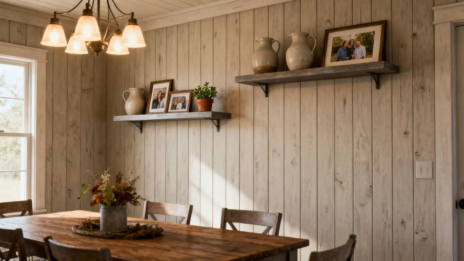Shiplap accent wall with floating shelves holding ceramic pitchers and a herb pot in a farmhouse dining room.