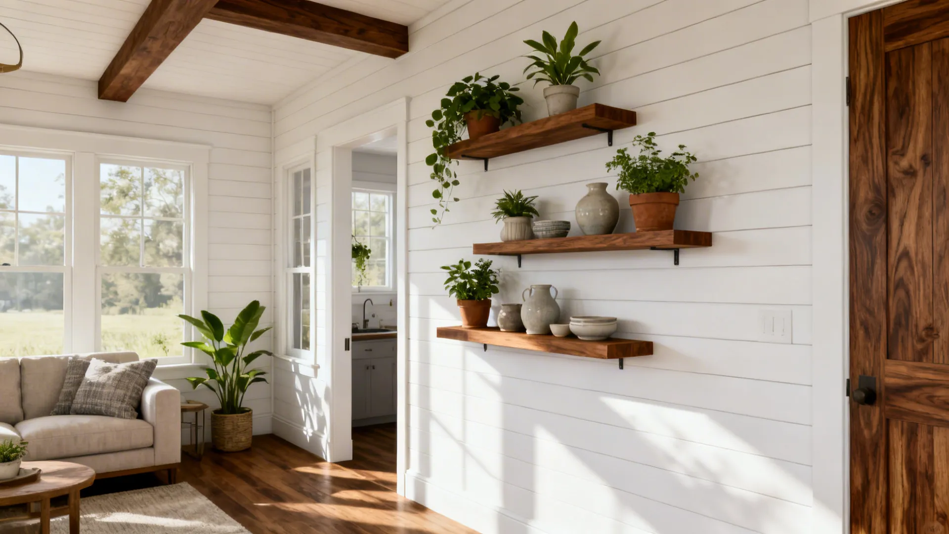 2. Shiplap Accent Wall with Floating Shelves