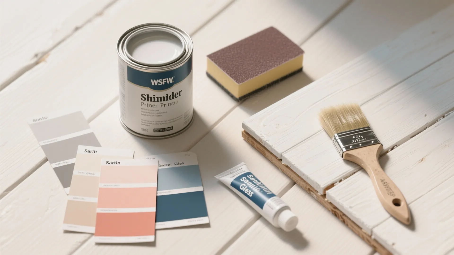 Top-down flatlay of paint swatches, primer, brushes and a painted shiplap sample showing satin and semi-gloss options.