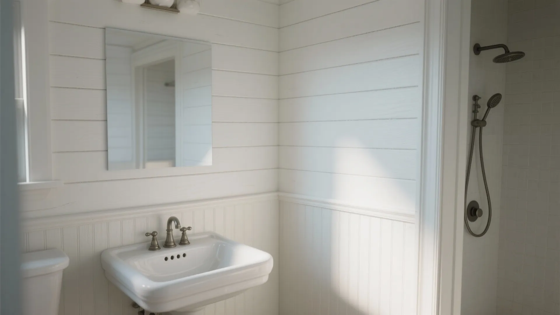 White bathroom interior featuring wall panels square mirror ceramic sink and dark metal shower head