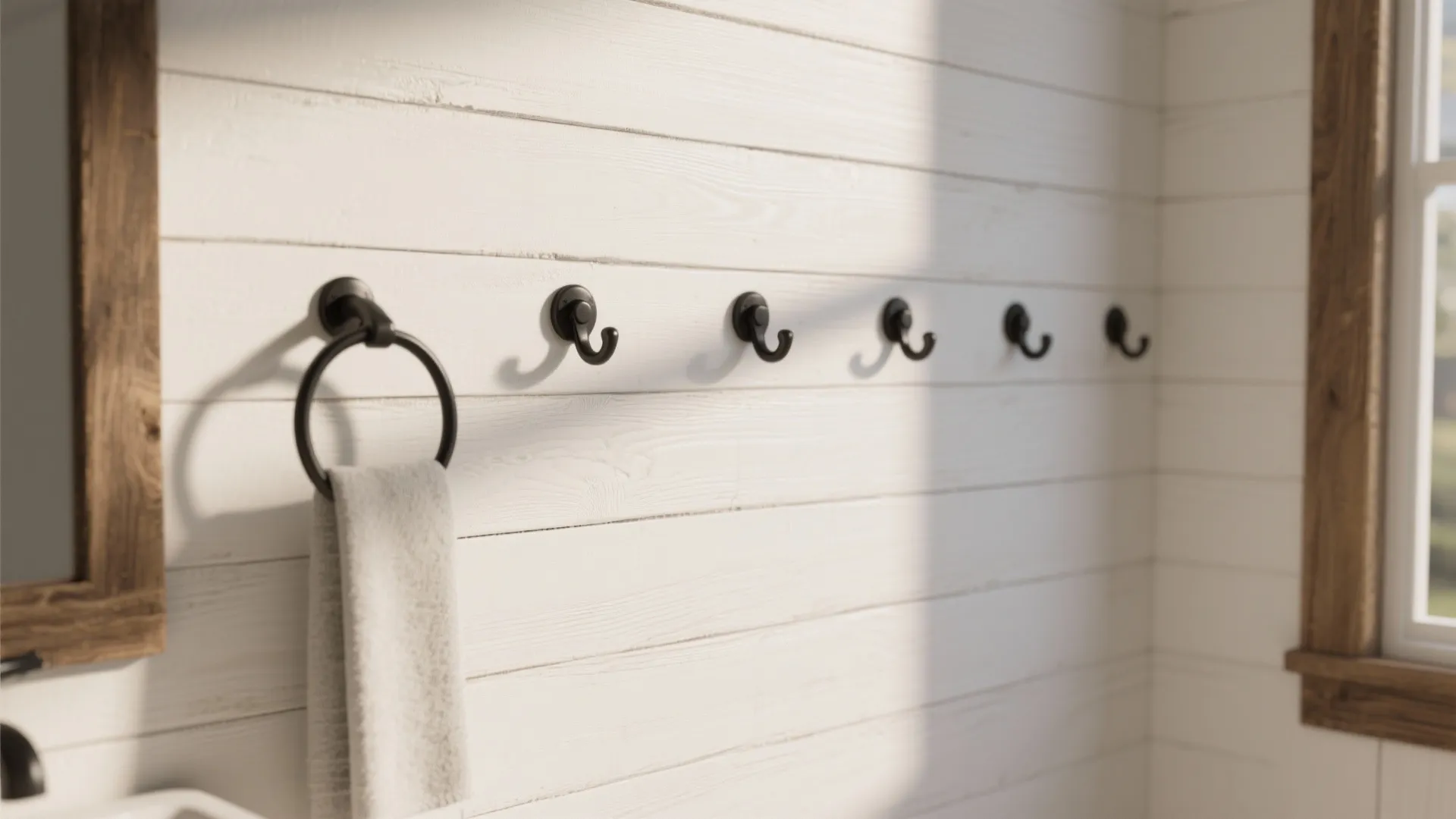 Black towel ring and small wall hooks on white wood panel wall in bright bathroom