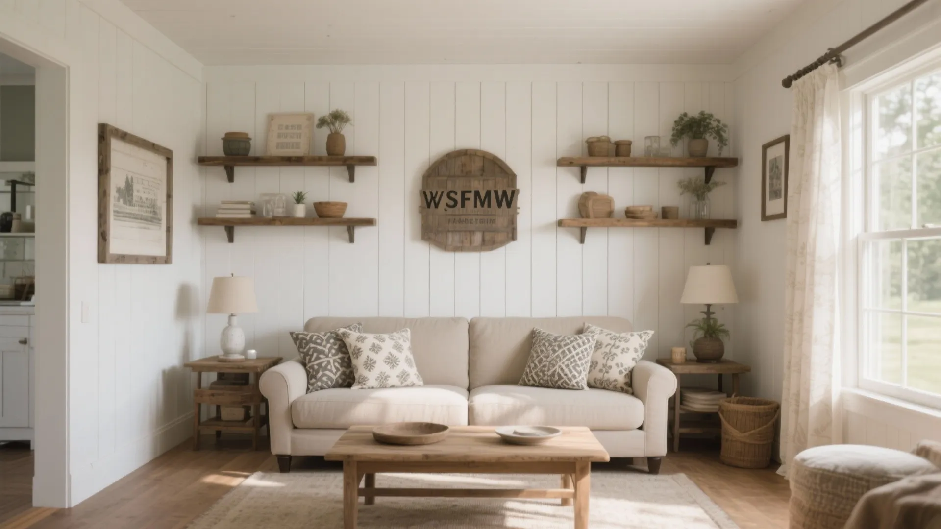 Farmhouse living room with white wall panel wooden shelves beige sofa table and table lamps