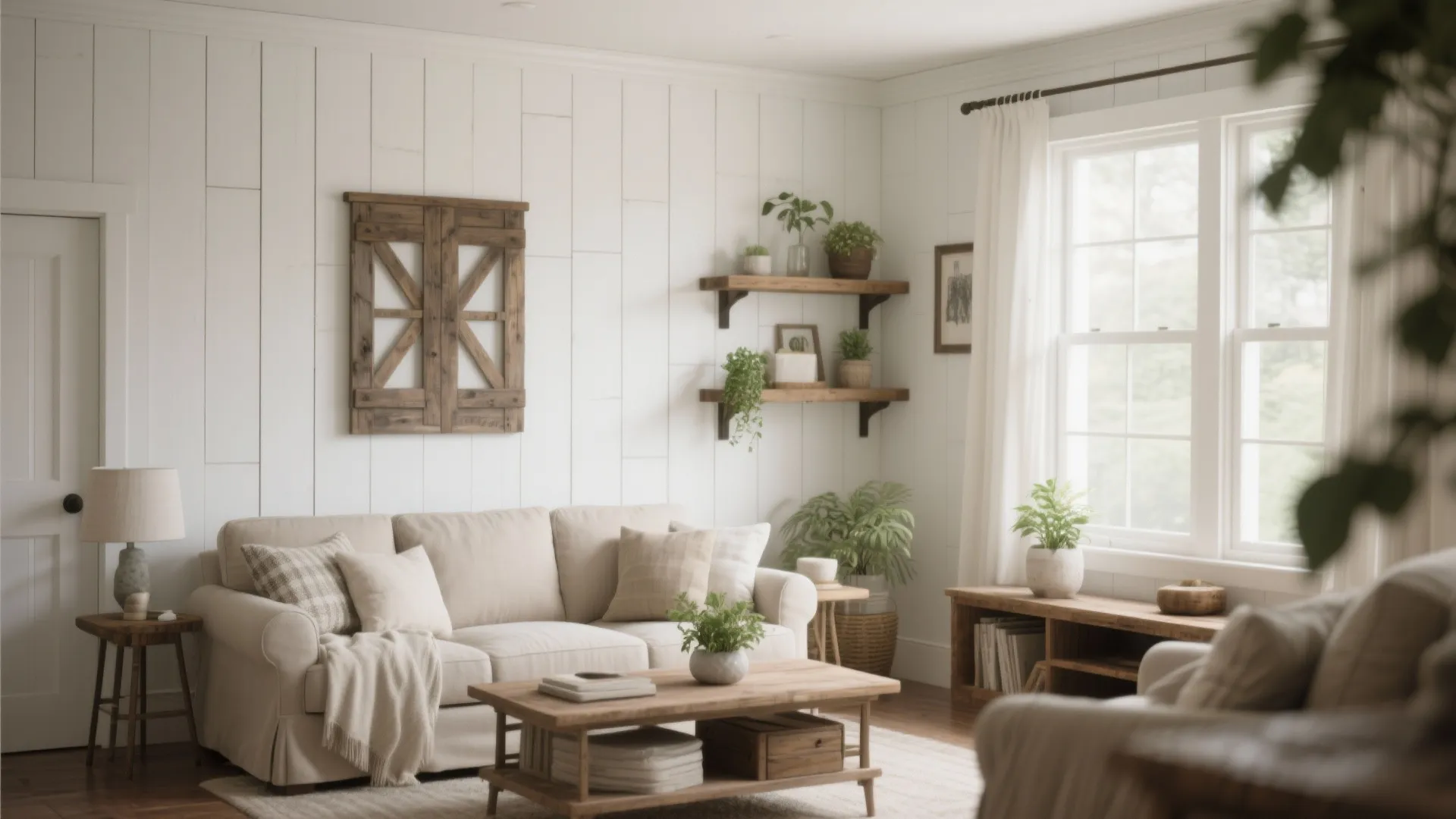 Cozy living room with white wall panel beige sofa wooden coffee table green plants and window