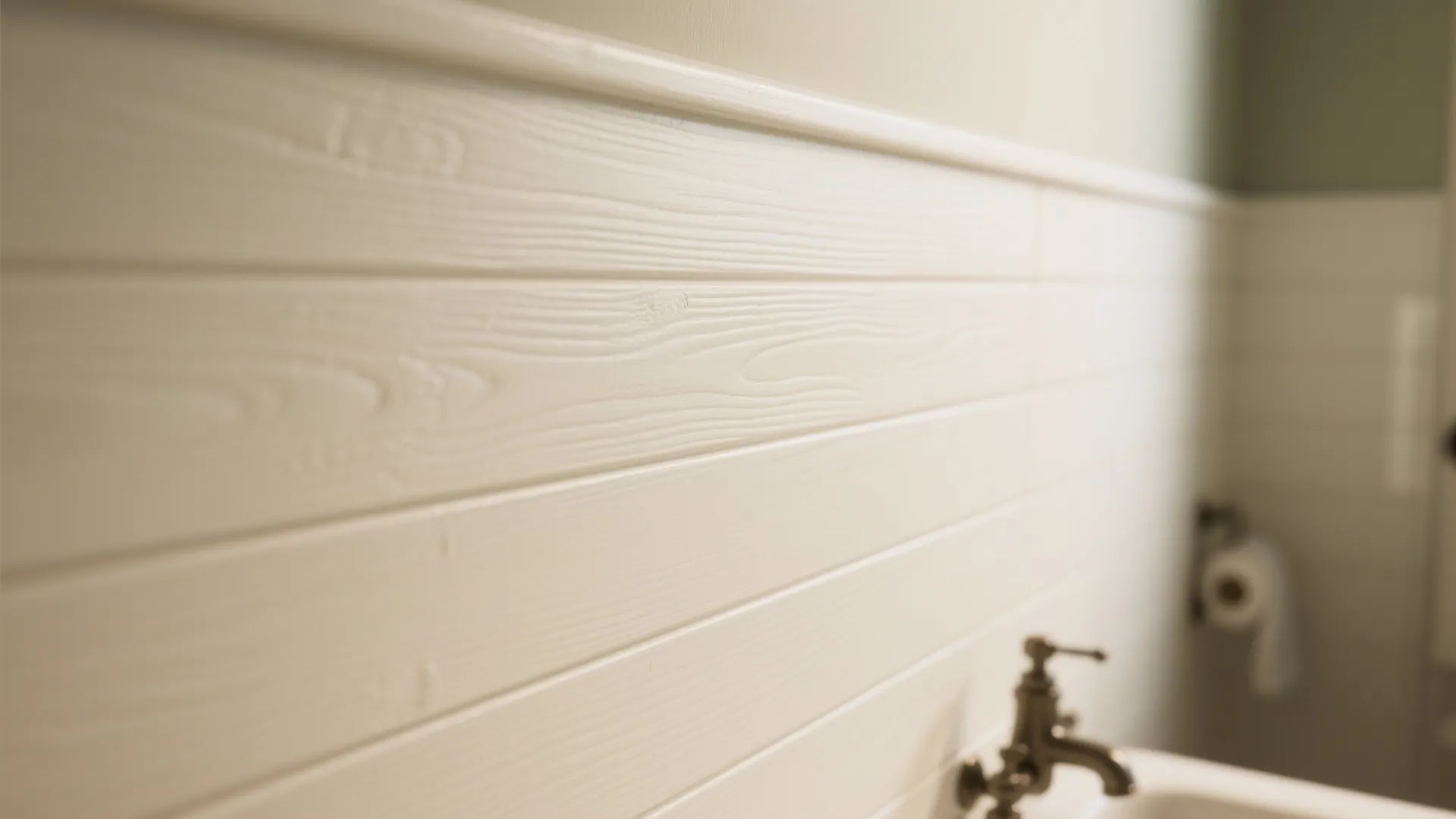 Close up view of white wood wall panel texture in a bright and modern bathroom