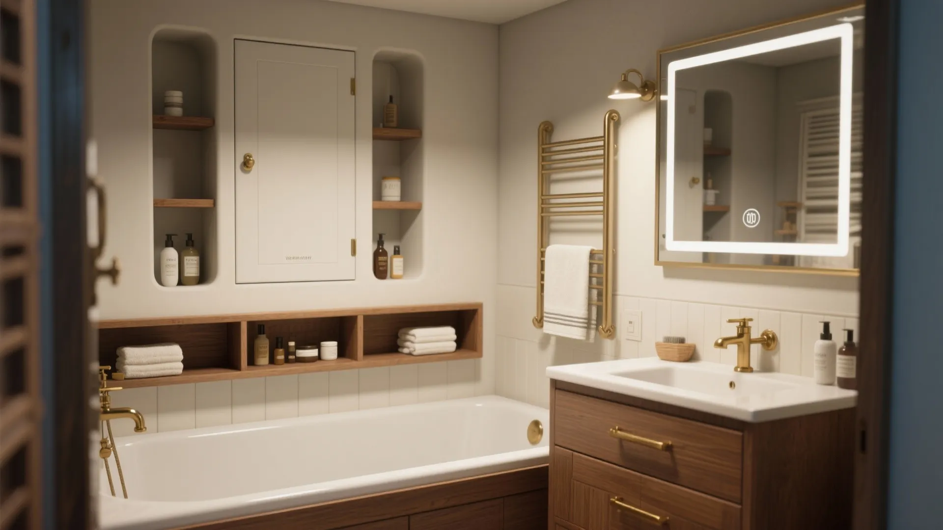 Modern bathroom featuring white bathtub wooden cabinet lighted mirror gold faucets and built in wall shelves